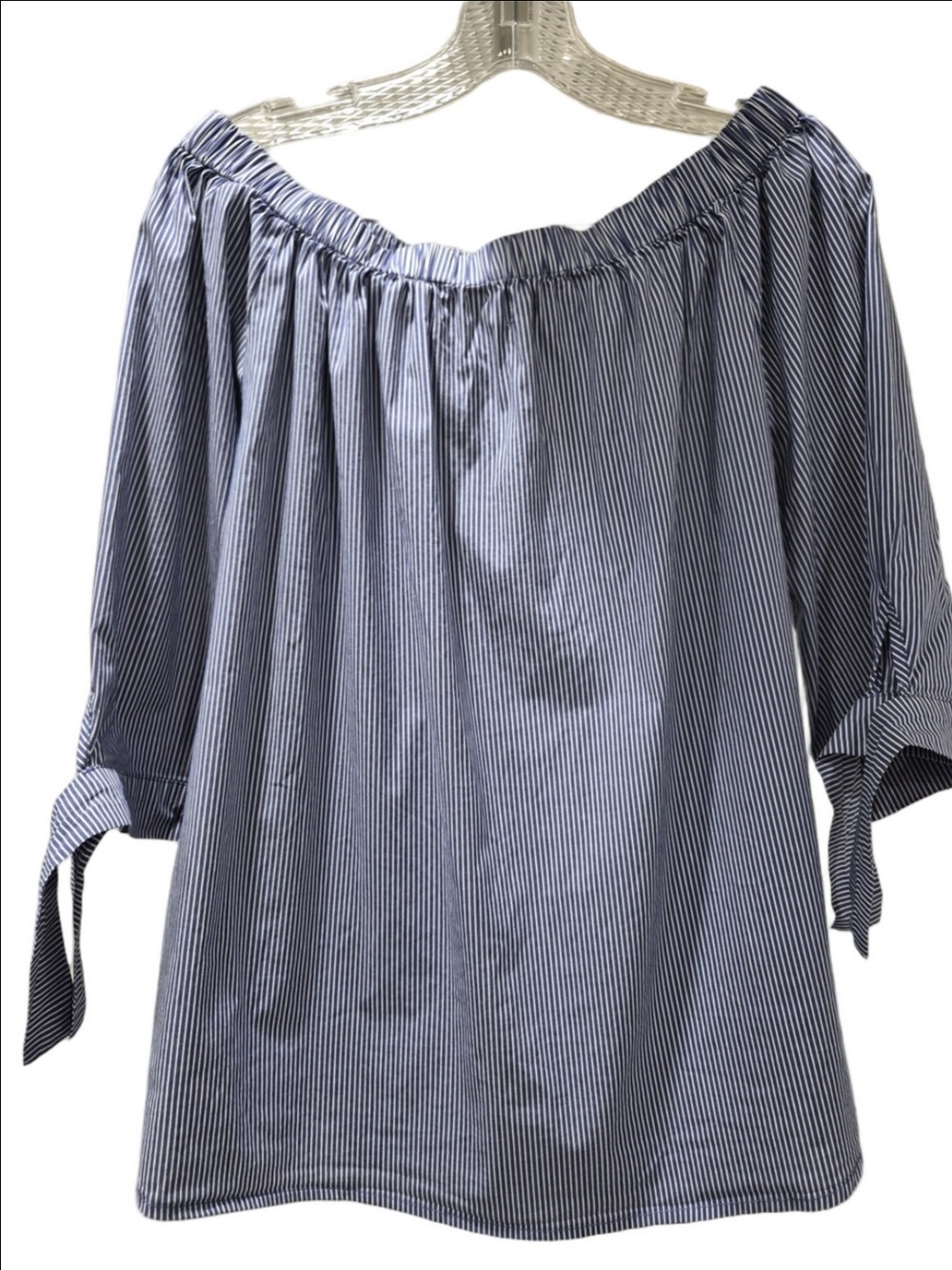 Alexander Jordan Off-Shoulder Blue and White Vertical Striped Tie-Sleeve Blouse